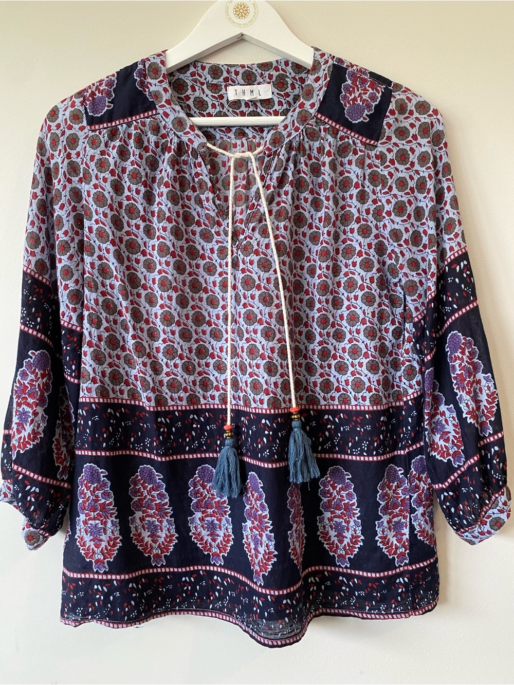 THML Boho Floral Tassel Tie Navy and Red Peasant 3/4 Sleeve Womens M